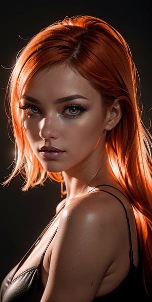 Portrait, woman,orange hair nordic viking male in 30s, with orange eyes, high contrast, painting, illustration, acrylic painting, bold lines, volumetric light, texture, grainy film, skin pores, dusty atmospheric haze, vignetting, ((Face symmetry)), austere makeup, looking at the viewer, slender body, with an alluring passionate look, futuristic renegade in,neon_nostrade,neon palette,Germany woman