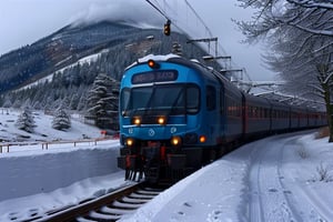 A blue train moving along a track in a snowy environment