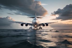 A white Boeing 747, skimming the sea and causing a wake of water due to the effect of the jets, realistic water, landing gear raised, High detail. cloudy sky. Cinematic light, masterpiece, best quality, photorealistic, 8k raw photography, detailed background, ultra detailed, wide shot,photo r3al,Realism