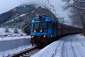 A blue train moving along a track in a snowy environment