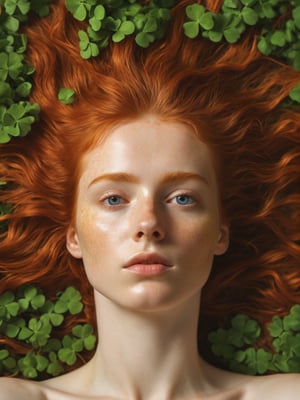 hyperrealistic photography, 8k, 8k UHD, best quality, ultra detailed, redhead girl laying on clovers, facing viewer, messy hair, daylight, soft lighting, closed mouth, 