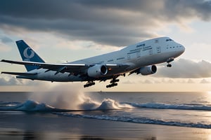 A white Boeing 747, skimming the sea and causing a wake of water due to the effect of the jets, realistic water, landing gear raised, High detail. cloudy sky. Cinematic light, masterpiece, best quality, photorealistic, 8k raw photography, detailed background, ultra detailed, wide shot,photo r3al,Realism