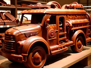 Photo, realistic, a chocolate fire truck from the 1920s, very detailed, chocolate a little melted by the heat of the sun, chocolate, displayed in a large chocolate candy warehouse