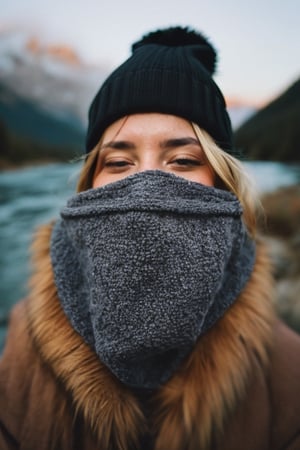 photorealistic, best quality, hyper detailed, beautiful woman, big smile, selfie photo, upper body, solo, wearing pullover, outdoors, (night), mountains, real life nature, stars, moon, (cheerful, happy), sleeping bag, gloves, sweater, beanie, flashlight, forest, rocks, river, wood, smoke, fog, clear sky, analog style, looking at viewer, skin texture, film grain, close up, ultra high res, best shadow, RAW, instagram LUT,drow,FFIXBG,day