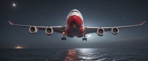 Create an image of a red AIRBUS A380 flying very low over the open sea on a moonlit night. Being so close to the sea will cause movement in the water in its path. It depicts water realistically, with the surface reflecting moonlight. [Make sure the aircraft's landing gear is up.] The image must convey the majesty and power of the aircraft in the marine environment. An engine on each wing of the plane