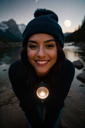 photorealistic, best quality, hyper detailed, beautiful woman, big smile, selfie photo, upper body, solo, wearing pullover, outdoors, (night), mountains, real life nature, stars, moon, (cheerful, happy), sleeping bag, gloves, sweater, beanie, flashlight, forest, rocks, river, wood, smoke, fog, clear sky, analog style, looking at viewer, skin texture, film grain, close up, ultra high res, best shadow, RAW, instagram LUT,drow,FFIXBG,day