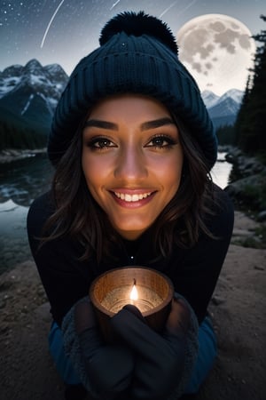 photorealistic, best quality, hyper detailed, beautiful woman, big smile, selfie photo, upper body, solo, wearing pullover, outdoors, (night), mountains, real life nature, stars, moon, (cheerful, happy), sleeping bag, gloves, sweater, beanie, flashlight, forest, rocks, river, wood, smoke, fog, clear sky, analog style, looking at viewer, skin texture, film grain, close up, ultra high res, best shadow, RAW, instagram LUT,drow,FFIXBG,day