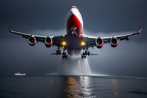 A huge Boeing 747 over the sea leaving behind a lot of water splashing, on the surface of the sea, volumetric water fog, gloomy background