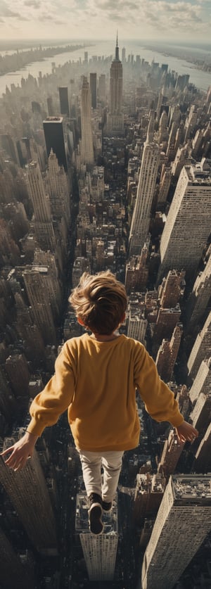 Take a picture of a young boy flying high over the New York City, cloud, wide shot, Hyper-detailled, 32k, Super High definition, Vibrant Colors, Soft focus, Ultra Smooth,Soft natural look, Full shot, art by Lenkaizm, photorealistic, realism, movie still, film still, cinematic shot, dreamwave, aesthetic,photo r3al