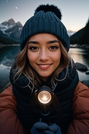 photorealistic, best quality, hyper detailed, beautiful woman, big smile, selfie photo, upper body, solo, wearing pullover, outdoors, (night), mountains, real life nature, stars, moon, (cheerful, happy), sleeping bag, gloves, sweater, beanie, flashlight, forest, rocks, river, wood, smoke, fog, clear sky, analog style, looking at viewer, skin texture, film grain, close up, ultra high res, best shadow, RAW, instagram LUT,drow,FFIXBG,day