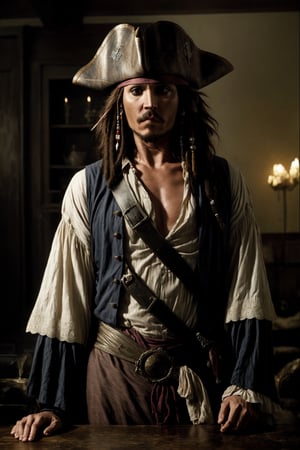 The character, Jack Sparrow, from Pirates of the Caribbean, hyper-realistic photo, Pirates of the Caribbean, The Black Pearl in the background