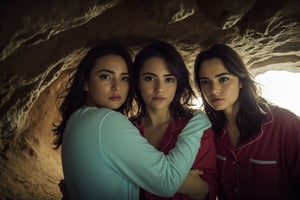 3 women, curvy bodies, each with a different hair color, chubby, dressed in different colored pajamas, torn and dirty pajamas, dirty skin from being inside a cave, scared, hugging to better carry the suspense, low light , ((hidden in a dark and gloomy cave)), a lot of darkness, water on the ground, barefoot, (close-up), epicrealism, realistic