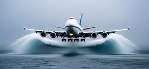 A huge Boeing 747 over the sea leaving behind a lot of water splashing, on the surface of the sea, volumetric water fog, gloomy background