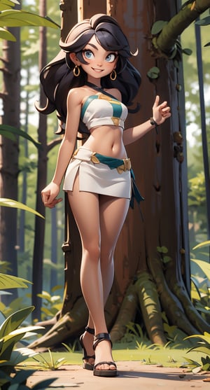 (masterpiece, best quality), 1girl, crossed eyes, smile, happy, full body, tube top, navel, midriff,, 3DMM, (forest),3DMM