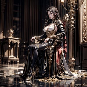 25 years old woman sitting on the throne,18s, (large  breast:1), (masterpiece), (extremely intricate:1.3), (realistic), the most beautiful  woman in the world, ((medieval armor:1)), metal reflections, full body, far thegarden, intense sunlight, professional photograph of a stunning woman detailed, sharp focus, dramatic, award winning, cinematic lighting, volumetrics dtx, (film grain, blurry background, blurry foreground, bokeh, depth of field, sunset, motion blur:1.3), chainmail, exposure blend, medium shot, bokeh, (hdr:1.4), high contrast, (cinematic:1.4), (muted colors, dim colors, soothing tones:1.3), low saturation, high heels, mecha musume, holding weapoon,, , , ,renaissance,behisheroine,mecha musume, , , 
,yuzu