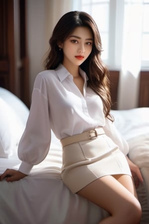 A 19 years old pretty girl sits at bedroom, wavy hair, white blouse, padded skirt, perfect composition, hyperrealistic, super detailed, 8k, high quality, sharp focus, studio photo, intricate details, highly detailed, seductive pose, flirting to camera, naked, full body, (nsfw:1.5)