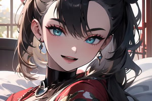 masterpiece, best quality, highres, hmmarnie, aqua eyes, black choker,jewelry, long sleeves, , cowboy shot, smile, open mouth, bed room, ,long hair,face to viewer, chinese_clothes,sitting,midjourney portrait,one side bare shouder