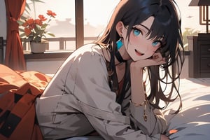 masterpiece, best quality, highres, hmmarnie, aqua eyes, black choker,jewelry, long sleeves, , cowboy shot, smile, open mouth, bed room, ,long hair,face to viewer, chinese_clothes,sitting,midjourney portrait,one side bare shouder