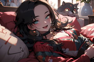 masterpiece, best quality, highres, hmmarnie, aqua eyes, black choker,jewelry, long sleeves, , cowboy shot, smile, open mouth, bed room, ,long hair,face to viewer, chinese_clothes,midjourney portrait,evening, in bed, (sleep on back:1.2),perfecteyes