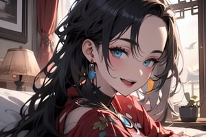 masterpiece, best quality, highres, hmmarnie, aqua eyes, black choker,jewelry, long sleeves, , cowboy shot, smile, open mouth, bed room, ,long hair,face to viewer, chinese_clothes,sitting,midjourney portrait,one side bare shouder