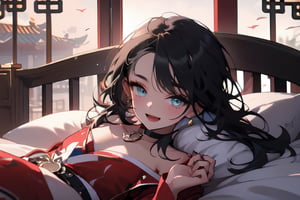 masterpiece, best quality, highres, hmmarnie, aqua eyes, black choker,jewelry, long sleeves, , cowboy shot, smile, open mouth, bed room, ,long hair,face to viewer, chinese_clothes,midjourney portrait,evening, in bed, (sleep on back:1.2),perfecteyes