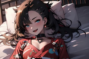 masterpiece, best quality, highres, hmmarnie, aqua eyes, black choker,jewelry, long sleeves, , cowboy shot, smile, open mouth, bed room, ,long hair,face to viewer, chinese_clothes,midjourney portrait,evening, in bed, (sleep on back:1.2),perfecteyes