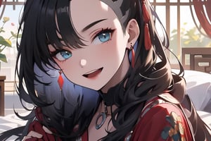 masterpiece, best quality, highres, hmmarnie, aqua eyes, black choker,jewelry, long sleeves, , cowboy shot, smile, open mouth, bed room, ,long hair,face to viewer, chinese_clothes,sitting,midjourney portrait,one side bare shouder