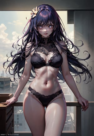 (masterpiece, best quality:2.0),(HOSHINO AI:1.2),(1girl,beautiful, aesthetic, perfect, delicate, intricate:1.2), (realistic,photo realism:1.3),detailed eyes,ashtonashing level of detail,cinematic shot, cinematic lighting, (perfect female form, black lingerie ,perfect face,thick thighs, huge natural breasts, narrow waists:1.4),
