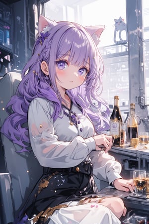 1girl, soft purple long hair, cat ears, cute,midjourney, ((purple hair)), far away