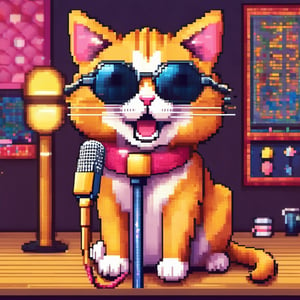PIXEL ART,A CUTE CAT SINGING IN KARAOKE ROOM WITH A MICROPHONE, BIG YELLOW SUNGLASS, GOLD RINGS ON THE PAWS,KARAOKE ROOM VERY COLORFUL,funny picture, cute picture,(best quality:1.1), (masterpiece:1.2),beautiful detailed, (high detailed skin, skin details), (wide_landscape, 8k), beautiful face, detailed eyes, depth of field, best quality, highres,best illumination,Xxmix_Catecat,cat,pixel art,pixel