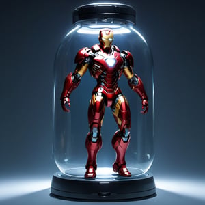 in a jar, in container (1), iron man fighting_stance in iron man base BACKGROUND, (((secret lab base background)))weird atmosphere, (best quality:2), (masterpiece:2), high quality shadow, beautiful detailed, (high detailed skin, skin details), (wide_landscape, 8k), beautiful face (1.5), detailed eyes (1.5), depth of field, dramatic light, best quality, highres, best shadow, best illumination,makima,cyborg style