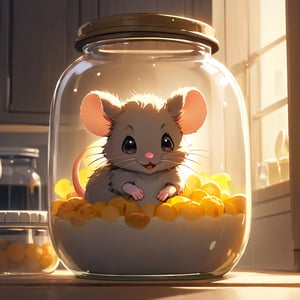 1girl, in a jar, in container, ((A CUTE SMALL mouse)), smile, kitchen background, scenery, animal,Xxmix_Catecat,weird atmosphere, (best quality:1.1), (masterpiece:1.2), high quality shadow, beautiful detailed, (high detailed skin, skin details), (wide_landscape, 8k), beautiful face, detailed eyes, depth of field, dramatic light, best quality, highres, best shadow, best illumination,