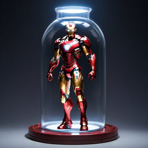 in a jar, in container (1), iron man fighting_stance in iron man base BACKGROUND, weird atmosphere, (best quality:2), (masterpiece:2), high quality shadow, beautiful detailed, (high detailed skin, skin details), (wide_landscape, 8k), beautiful face (1.5), detailed eyes (1.5), depth of field, dramatic light, best quality, highres, best shadow, best illumination,makima,cyborg style