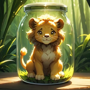 1girl, in a jar, in container, ((A CUTE SMALL lion)), smile, jungle background, scenery, animal,Xxmix_Catecat,weird atmosphere, (best quality:1.1), (masterpiece:1.2), high quality shadow, beautiful detailed, (high detailed skin, skin details), (wide_landscape, 8k), beautiful face, detailed eyes, depth of field, dramatic light, best quality, highres, best shadow, best illumination,