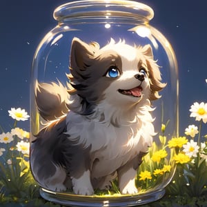 1girl, in a jar, in container, ((A CUTE SMALL grey and blacksheperd dog)), blue eyes, smile, garden with flowers, scenery, animal,Xxmix_Catecat,weird atmosphere, (best quality:1.1), (masterpiece:1.2), high quality shadow, beautiful detailed, (high detailed skin, skin details), (wide_landscape, 8k), beautiful face, detailed eyes, depth of field, dramatic light, best quality, highres, best shadow, best illumination,