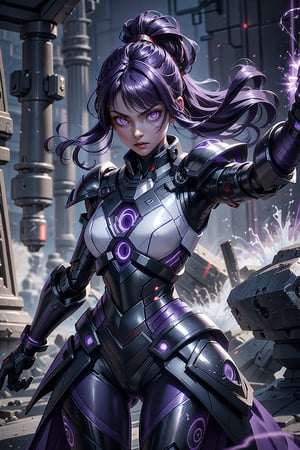 1girl, girl fighter, cute girls, black mecha armor, high_res, best quality, extremely detailed, area lighting in background, HD, 8k, 1girl, cute, black armor, (black dress, PURPLE eyes), (glowing eyes:1.4), glowing energy, long hair, PURPLE hair (PURPLE hair:1.4), dynamic pose, rage expression, BACKGROUND SMOKE, red tones, beautiful figure, thin waist, wide hips, scarlet lips, glare, sparcles, particles, DARK SMOKE, white skin, magic glow, yushui