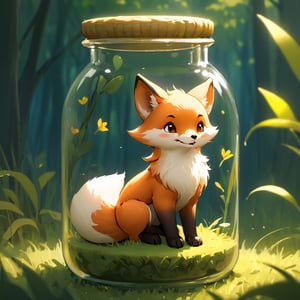 in a jar, in container, ((A CUTE SMALL fox)), smile, forest background, scenery, animal,Xxmix_Catecat,weird atmosphere, (best quality:1.1), (masterpiece:1.2), high quality shadow, beautiful detailed, (high detailed skin, skin details), (wide_landscape, 8k), beautiful face, detailed eyes, depth of field, dramatic light, best quality, highres, best shadow, best illumination,