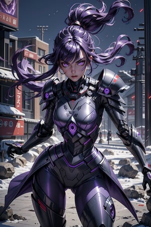 1girl, girl fighter, cute girls, black mecha armor, high_res, best quality, extremely detailed, area lighting in background, HD, 8k, 1girl, cute, black armor, (black dress, PURPLE eyes), (glowing eyes:1.4), glowing energy, long hair, PURPLE hair (PURPLE hair:1.4), dynamic pose, rage expression, BACKGROUND SMOKE, red tones, beautiful figure, thin waist, wide hips, scarlet lips, glare, sparcles, particles, DARK SMOKE, white skin, magic glow, yushui