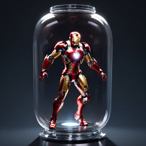 in a jar, in container (1), iron man fighting_stance in iron man base BACKGROUND, weird atmosphere, (best quality:2), (masterpiece:2), high quality shadow, beautiful detailed, (high detailed skin, skin details), (wide_landscape, 8k), beautiful face (1.5), detailed eyes (1.5), depth of field, dramatic light, best quality, highres, best shadow, best illumination,makima,cyborg style