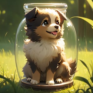 1girl, in a jar, in container, ((A CUTE SMALL sheperd dog)), smile, backyard, scenery, animal,Xxmix_Catecat,weird atmosphere, (best quality:1.1), (masterpiece:1.2), high quality shadow, beautiful detailed, (high detailed skin, skin details), (wide_landscape, 8k), beautiful face, detailed eyes, depth of field, dramatic light, best quality, highres, best shadow, best illumination,