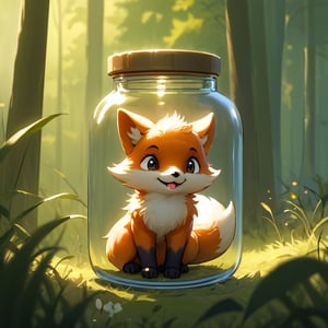 in a jar, in container, ((A CUTE SMALL fox)), smile, forest background, scenery, animal,Xxmix_Catecat,weird atmosphere, (best quality:1.1), (masterpiece:1.2), high quality shadow, beautiful detailed, (high detailed skin, skin details), (wide_landscape, 8k), beautiful face, detailed eyes, depth of field, dramatic light, best quality, highres, best shadow, best illumination,