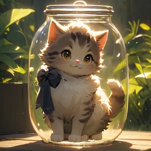 1girl, in a jar, in container, A CUTE SMALL CAT, smile, backyard, scenery, animal,Xxmix_Catecat,weird atmosphere, (best quality:1.1), (masterpiece:1.2), high quality shadow, beautiful detailed, (high detailed skin, skin details), (wide_landscape, 8k), beautiful face, detailed eyes, depth of field, dramatic light, best quality, highres, best shadow, best illumination,