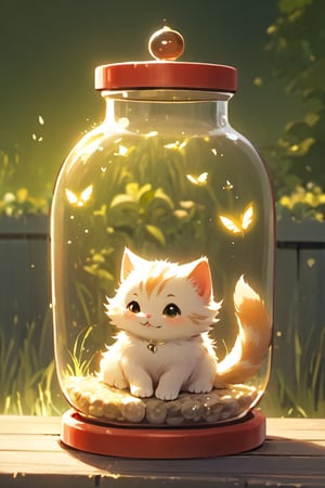 1girl, in a jar, in container, A CUTE SMALL CAT, smile, backyard, scenery, animal,Xxmix_Catecat