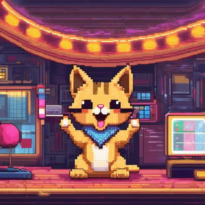 PIXEL ART,A CUTE CAT SINGING IN KARAOKE ROOM WITH A MICROPHONE, BIG YELLOW SUNGLASS, GOLD RINGS ON THE PAWS,KARAOKE ROOM VERY COLORFUL,funny picture, cute picture,(best quality:1.1), (masterpiece:1.2),beautiful detailed, (high detailed skin, skin details), (wide_landscape, 8k), beautiful face, detailed eyes, depth of field, best quality, highres,best illumination,Xxmix_Catecat,cat,pixel art,pixel