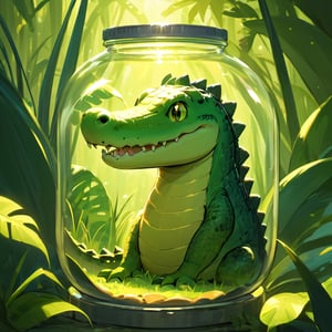 1girl, in a jar, in container, ((A CUTE SMALL crocodile)), smile, jungle background, scenery, animal,Xxmix_Catecat,weird atmosphere, (best quality:1.1), (masterpiece:1.2), high quality shadow, beautiful detailed, (high detailed skin, skin details), (wide_landscape, 8k), beautiful face, detailed eyes, depth of field, dramatic light, best quality, highres, best shadow, best illumination,