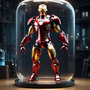 in a jar, in container (1), iron man fighting_stance in iron man base BACKGROUND, (((secret lab base background)))weird atmosphere, (best quality:2), (masterpiece:2), high quality shadow, beautiful detailed, (high detailed skin, skin details), (wide_landscape, 8k), beautiful face (1.5), detailed eyes (1.5), depth of field, dramatic light, best quality, highres, best shadow, best illumination,makima,cyborg style