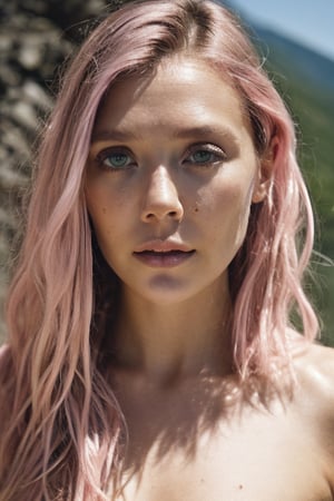 (1girl, solo, adult female, mature female), ((pink hair)), green eyes, (muscular:0.8), (abs:0.8), looking at the viewer, raised eyebrow, smirk, medium breasts, sunny, blue sky, military uniform, cowboy shot,  hasselblad H6D, natural lighting, oiled skin, perfect eye blush, slightly open mouth, long eye lashes, , , standing in a mountain village, detailed skin texture, (blush:0.5), (goosebumps:0.5), subsurface scattering, RAW candid cinema, 16mm, colour graded portra 400 film, remarkable colour, ultra realistic, textured skin, remarkable detailed pupils, realistic dull skin noise, visible skin detail, skin fuzz, dry skin, , ,sks woman