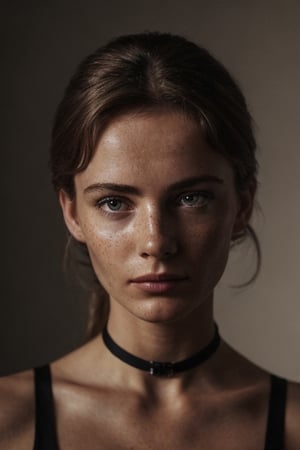 photo, rule of thirds, dramatic lighting, medium hair, detailed face, detailed nose, woman wearing bondage bra, freckles, collar or choker, smirk, tattoo, intricate background
,realism,realistic,raw,analog,woman,portrait,photorealistic,analog,realism brown hair, 30 yo, detailed skin, detailed image, ,shirt_lift,sks woman