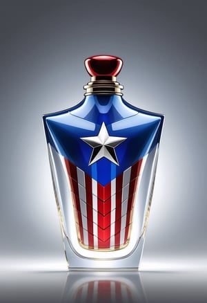Create an image of a perfume bottle that pays homage to Captain America's role as a leader of the Avengers, with a subtle yet unmistakable logo, reflecting unity and strength.