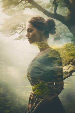 Create a compelling double exposure photograph that seamlessly merges the presence of a woman and the wonders of nature. Capture the harmony between the human form and the natural world, using light and shadow to accentuate their connection and create a visually striking narrative.